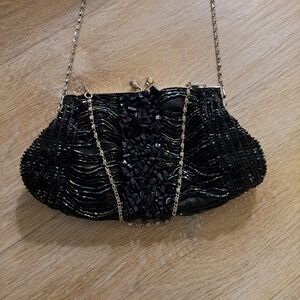 Vintage Black Purple Beaded Evening Hand Bag Clutch Purse Kiss Lock NWOT